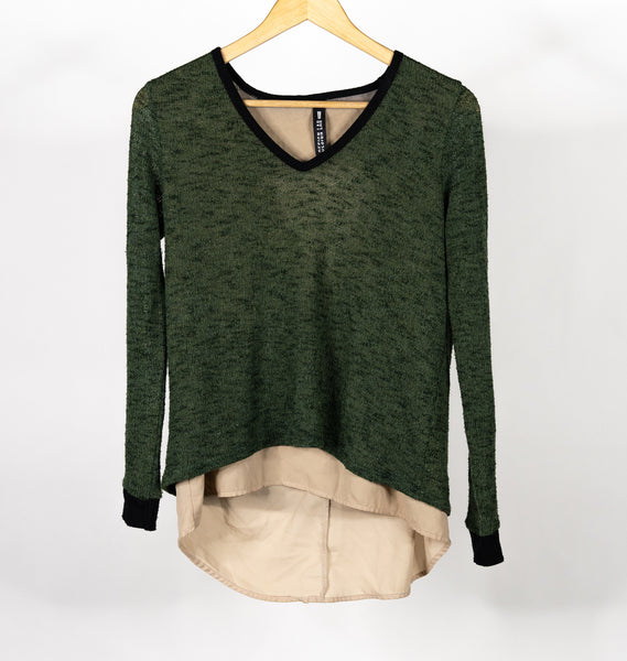 Ladies Design Lab Green/Tan Layered Cut-Out Sweater- Size Small